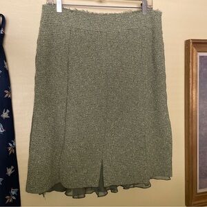 Anne Klein Olive Green Tweed Silk A-Line Panel Skirt with Chiffon Hem Sz 8 EUC